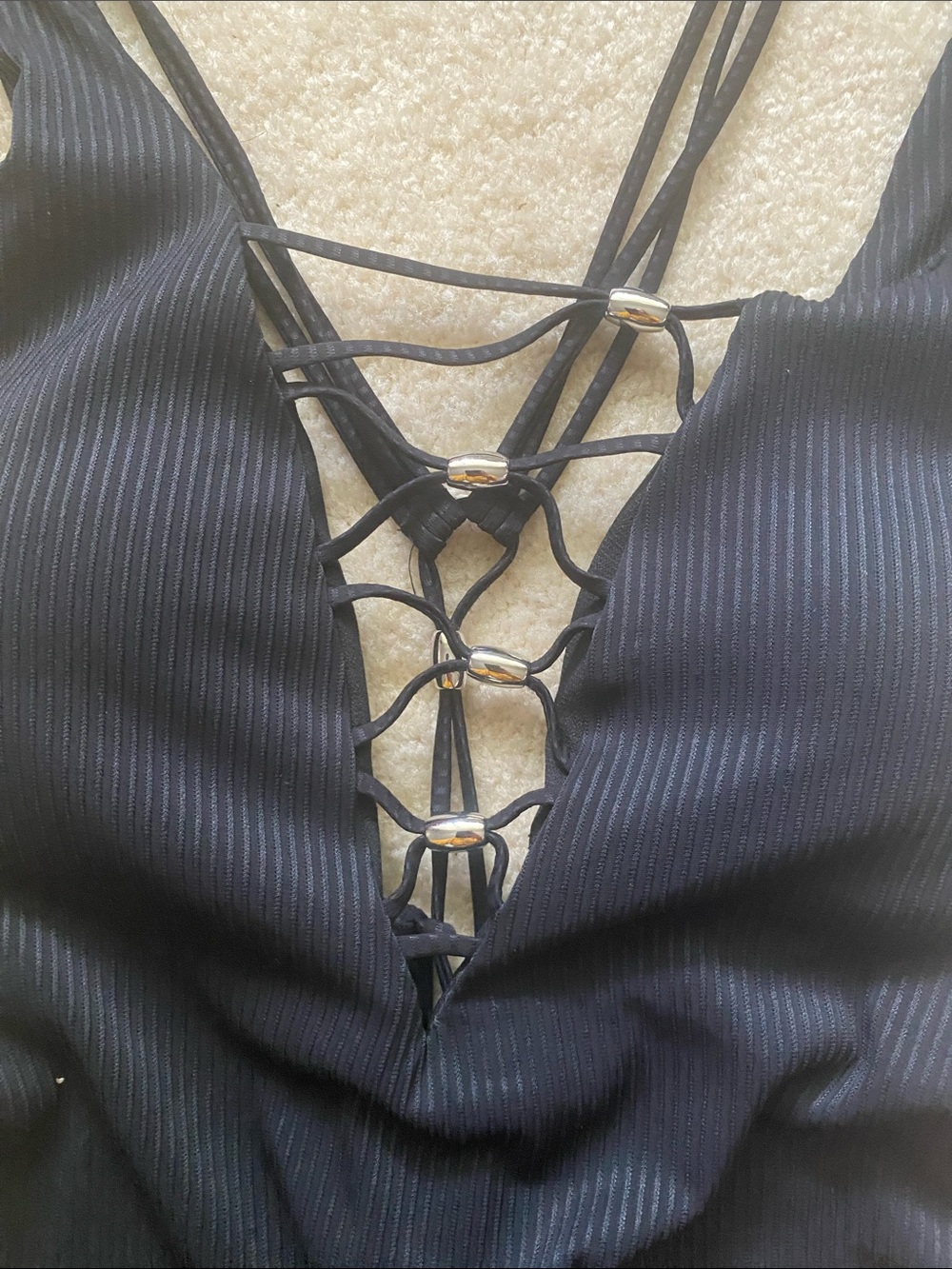 YMI size XL NWT black ribbed tie one piece swimsuit - Picture 2 of 5